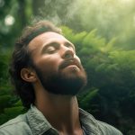 A man relaxed breathing fresh air in a green forest at natural ,Generative AI.