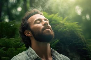 A man relaxed breathing fresh air in a green forest at natural ,Generative AI.